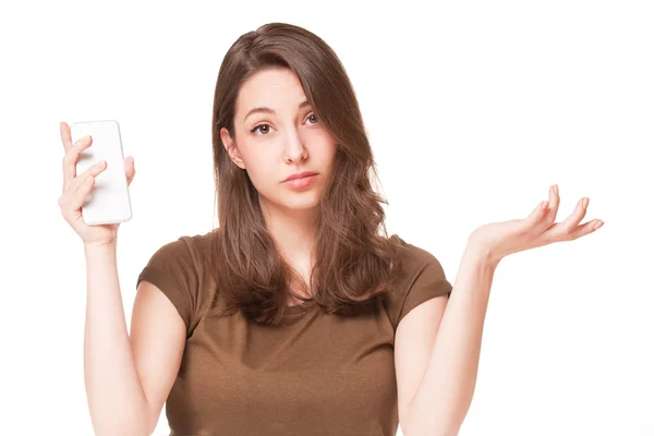 Sweet young brunette using mobile phone. — Stock Photo, Image