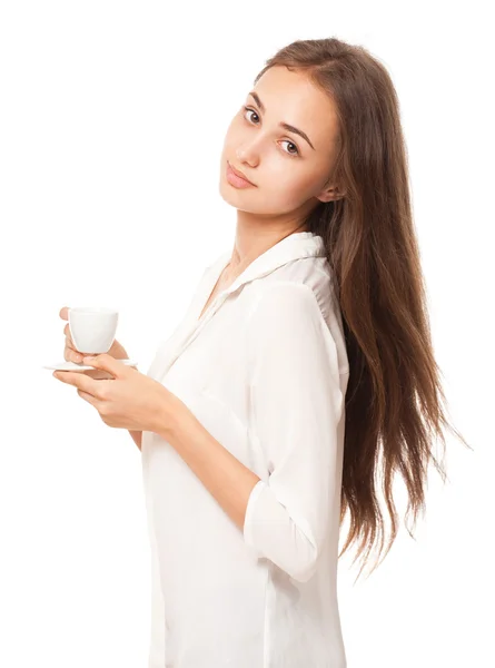 Brunette schoonheid met espressokoffie. — Stockfoto