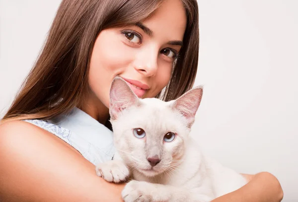 Brunette schoonheid met kat. — Stockfoto