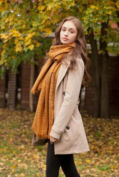 Brunette beauty in autumn clothes. — Stock Photo, Image