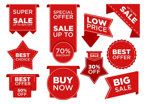 Set ribbon banner and label sticker sale offer and badge tag sale. Flat labels, ribbons and tags for advertising. Vector illustration EPS.8 EPS.10