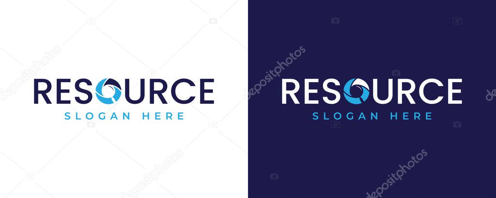 Resource letter unique wordmark logo with magnifying glass vector design template. Vector illustration