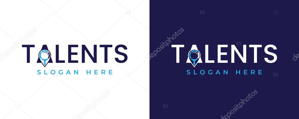 Talents letter unique wordmark logo with pin point and magnifying glass vector design template. Vector illustration