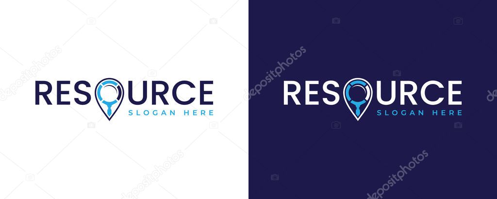 Resource letter unique wordmark logo with pin point and magnifying glass vector design template. Vector illustration