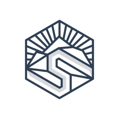 Düz vektör tasarım tarzında soyut S harfiyle ilham veren geometrik dağ. Vektör illüstrasyonu