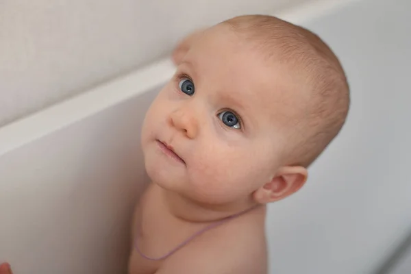 Baby Blue Eyes Looks Somewhere She Bathroom — Stock Photo, Image