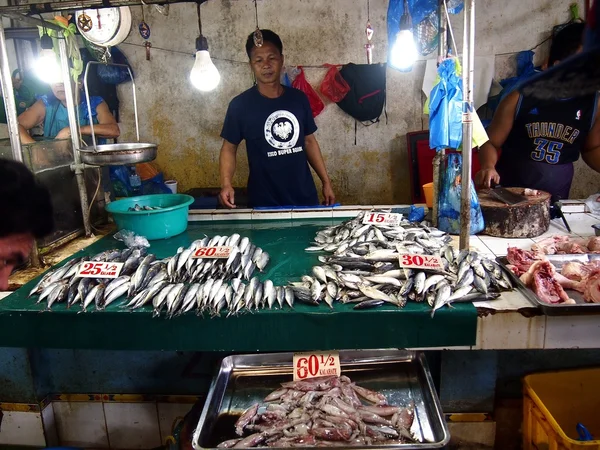 I venditori all'interno di un mercato pubblico vendono un'ampia varietà di pesce fresco e altri frutti di mare.  . — Foto Stock