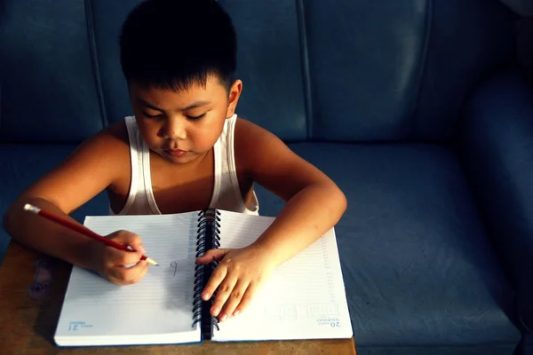 Giovane asiatico ragazzo writing su un notebook — Foto Stock