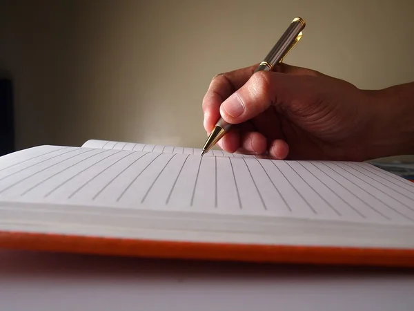 Bir not defterine el yazısı ve kalem tutarak.