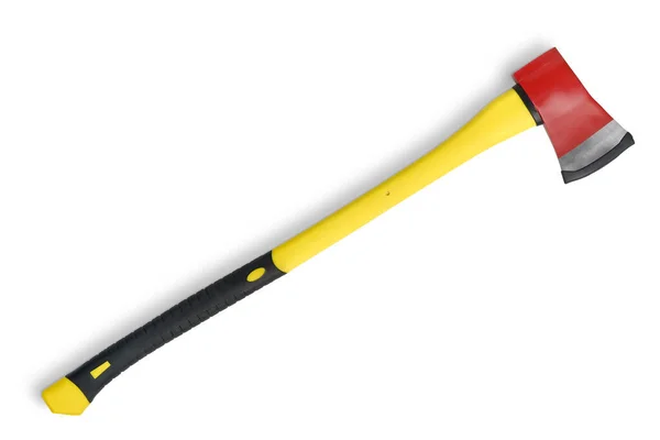 Grande machado vermelho com longo aperto amarelo da caixa de ferramentas Firemans isolado no branco — Fotografia de Stock