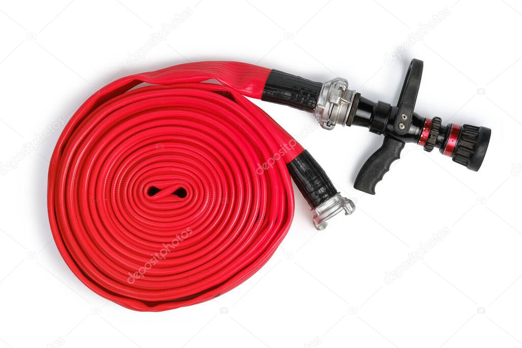 Red rolled firefighter hose isolated on the white background.