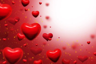 Sevgililer Günü tebrik kartı için kırmızı kalpler ve altın tozu soyut arka plan