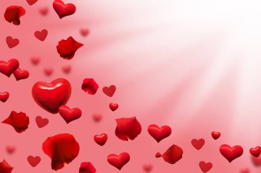 Sevgililer Günü tebrik kartı için kırmızı kalpler ve gül yaprakları soyut arka plan