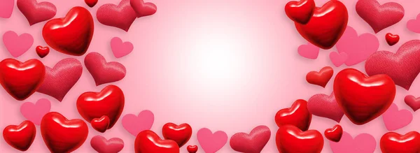 Sok elvont szív rózsaszín háttérrel Valentin napi üdvözlőkártya — Stock Fotó