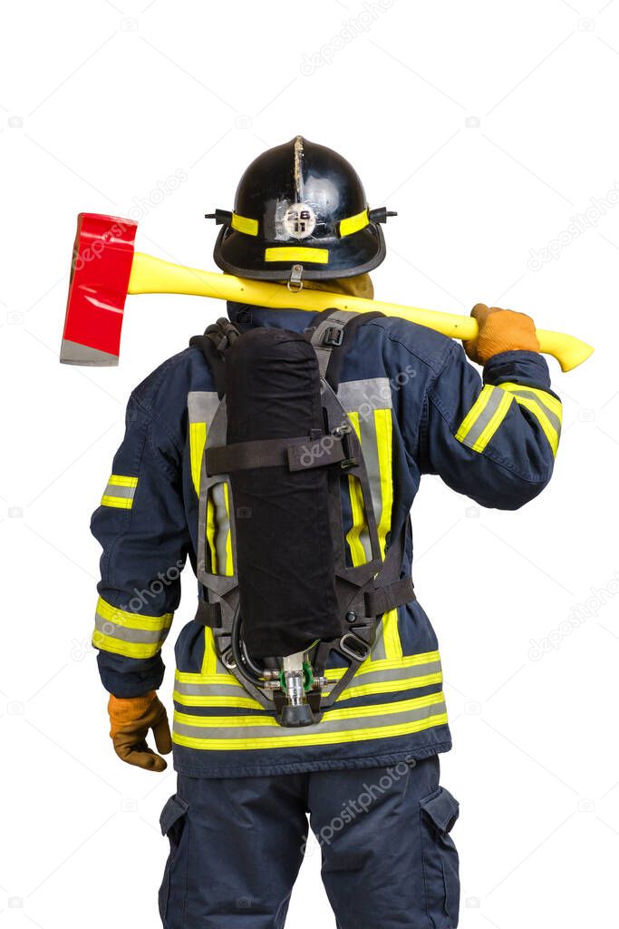 Back side view of firefighter in fire-proof uniform 