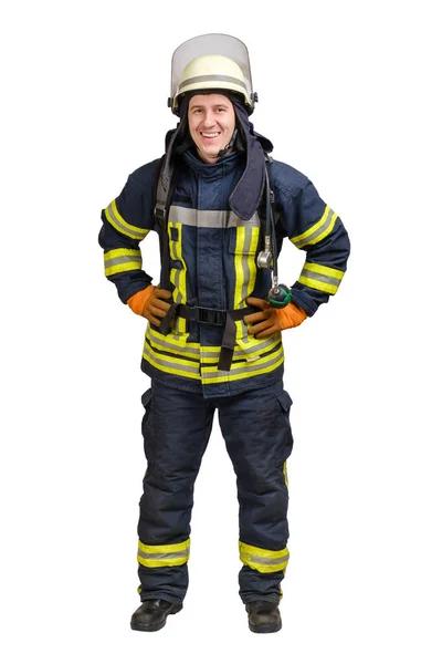 Jovem sorridente de uniforme de bombeiro — Fotografia de Stock