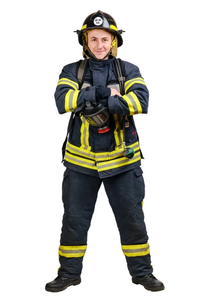 年轻的消防员，背着面具和空气罐 — 图库照片
