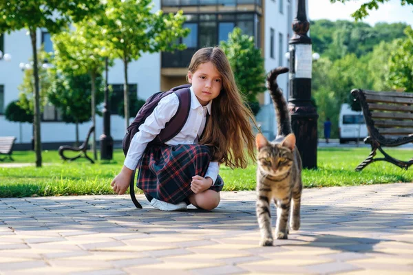 Mała dziewczynka w mundurze i z plecakiem bawiąca się bezpańskim kotem na ulicy — Zdjęcie stockowe