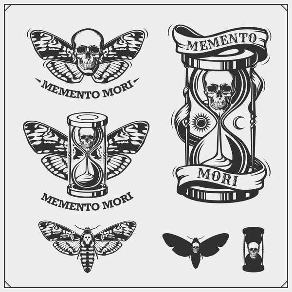 Memento mori. Песочные часы, бабочка и череп. Краткость человеческой жизни. Печать дизайн для футболки.