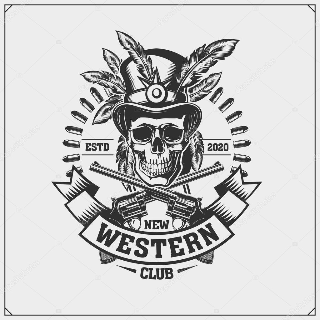 Wild west party emblem. Cowboy skull vintage label, badge and design elements. Print design for t-shirt.