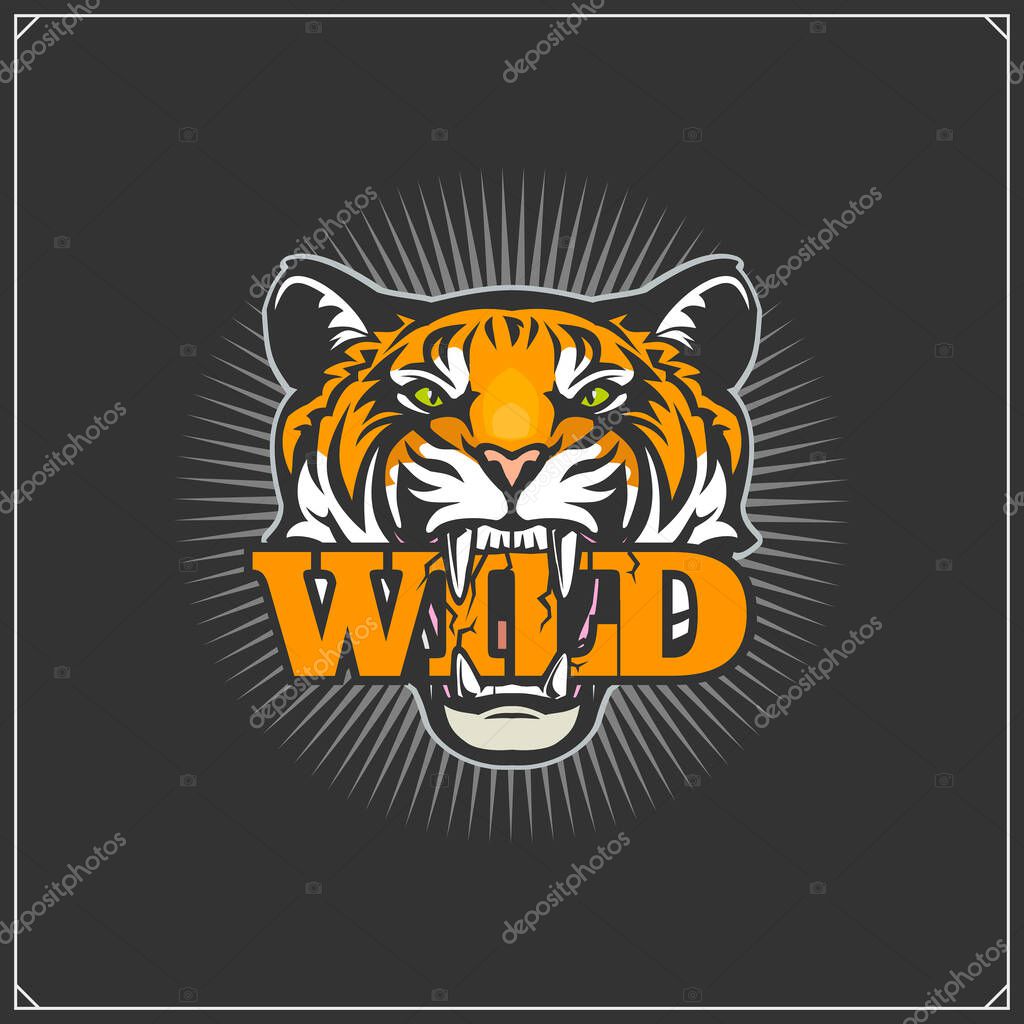 The emblem with tiger. Print design for t-shirt.