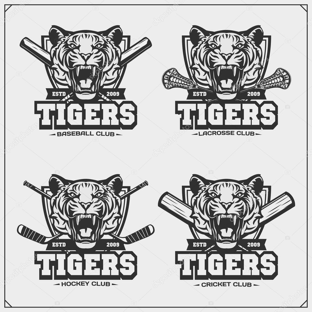 Lacrosse, baseball, cricket and hockey logos and labels. Sport club emblems with tiger. Print design for t-shirt.