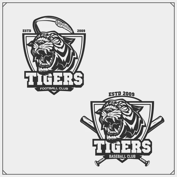 Logotipos Etiquetas Fútbol Béisbol Emblemas Del Club Deportivo Con Tigre — Vector de stock