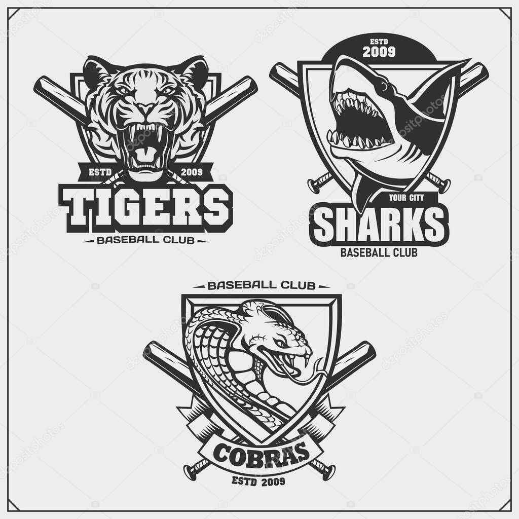 Set of baseball emblems, badges, logos and labels with tiger, shark and snake. Print design for t-shirt.