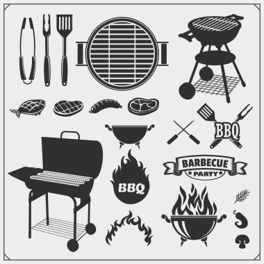 Barbekü ve ızgara amblemleri ayarlandı. Barbekü etiketleri, rozetler ve tasarım elementleri. 