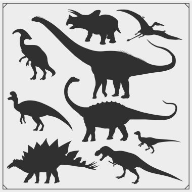 Dinozorların siluetleri. Vektör monokrom kümesi.