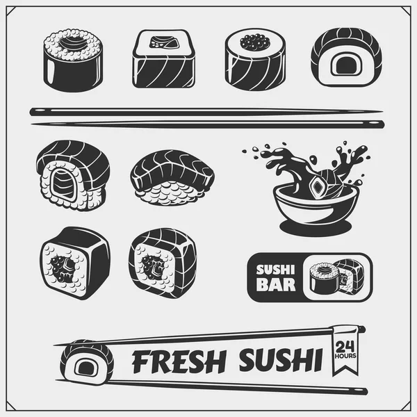 Symbole Sushi Ustawione Japońskie Menu Restauracyjne Elementy Designu — Wektor stockowy
