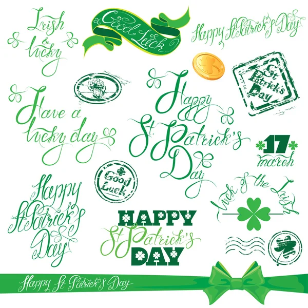 Conjunto de texto escrito a mano: Feliz Día de San Patricio, Buena suerte, etc. — Vector de stock