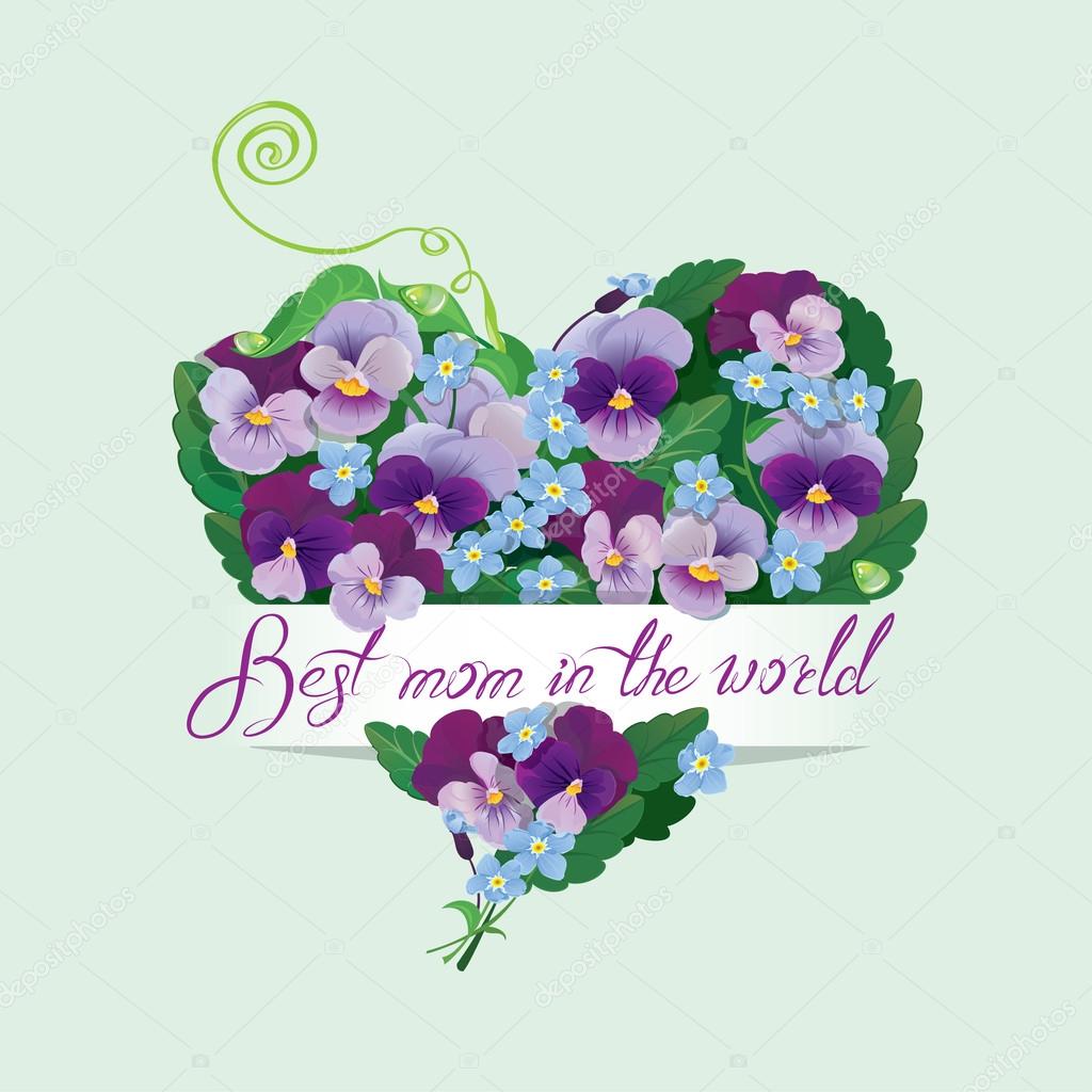 A forma di cuore ¨ fatto di bellissimi fiori viola del pensiero e lo dimentica non fondo floreale per il disegno di giorno di madri