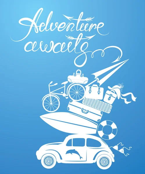 Seasonal card with small and much retro travel car with buggage Лицензионные Стоковые Векторы