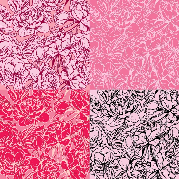 Nahtloses Muster mit realistischen handgezeichneten Blumen - Pfingstrose - Rückseite — Stockvektor