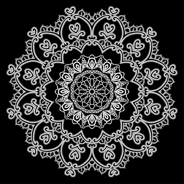 Round Frame - floral lace ornament - white on black background. — Stock Vector