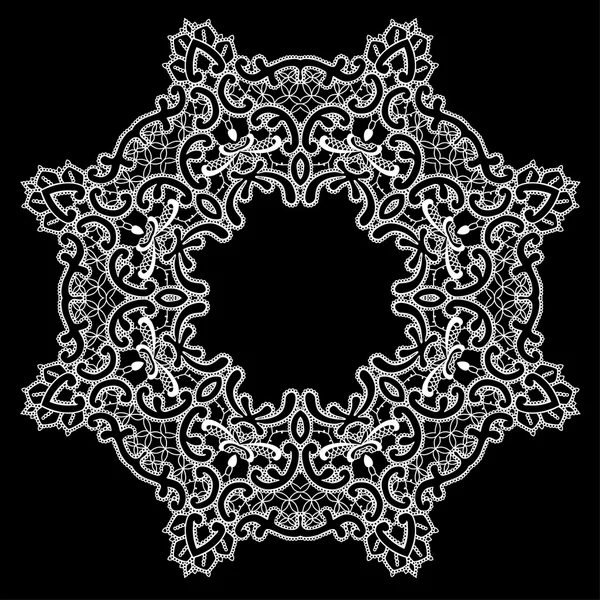 Круглая рамка - украшение из цветочных кружев - белый на черном фоне . — стоковый вектор