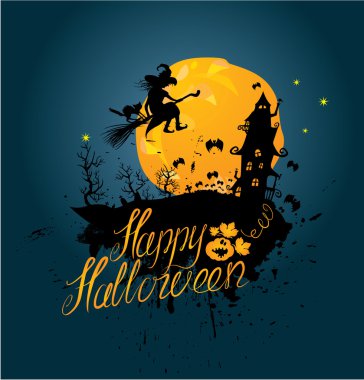 Cadılar Bayramı: silhouette cadı ve süpürge için üzerinde uçan kedi 