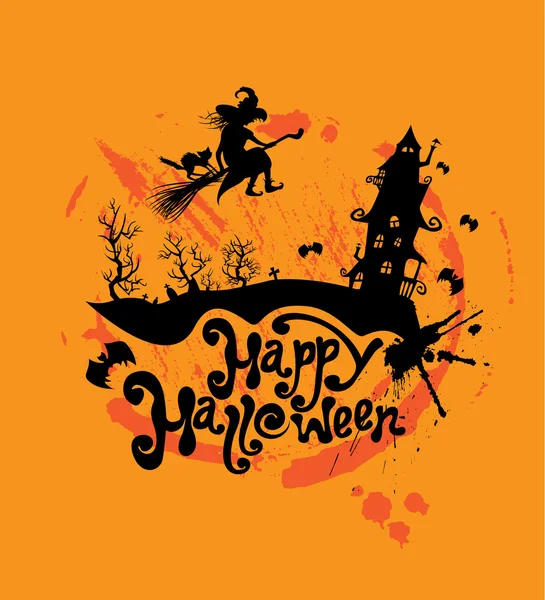 Halloween night: silhouette of witch and cat flying on broom to — Stock Vector