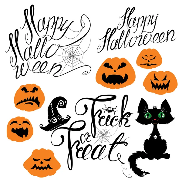 Conjunto de elementos de Halloween - calabaza, gato, araña y otros terri — Archivo Imágenes Vectoriales