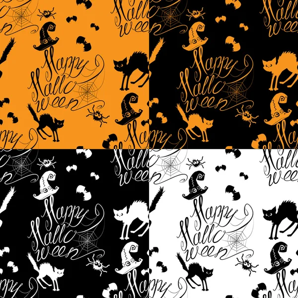 Halloween nahtlose Muster mit schwarzer Katze, Fledermäuse, Spinne, Netz, ha — Stockvektor