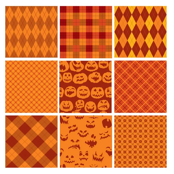 Conjunto de padrões sem costura xadrez Halloween em laranja e marrom col — Vetor de Stock