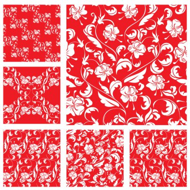 Set of Vintage ornate seamless patterns with white roses sihouet clipart