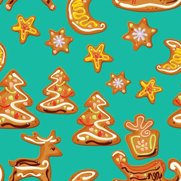 クリスマスのシームレスなパターン - 青い backgro でクリスマス ジンジャーブレッド — ストックベクタ