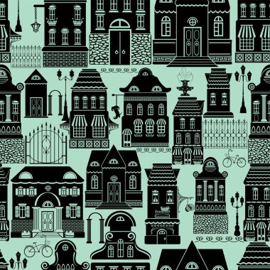 Masal ile Seamless Modeli evler, fenerler, ağaçlar. Şehir e