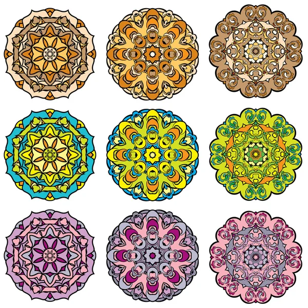 Set of 9 colorful round ornaments, kaleidoscope floral patterns. — Stock Vector
