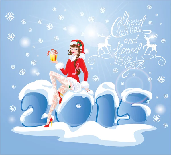 Morena Pin Up Christmas Girl vestindo terno de Papai Noel e stoc —  Vetores de Stock