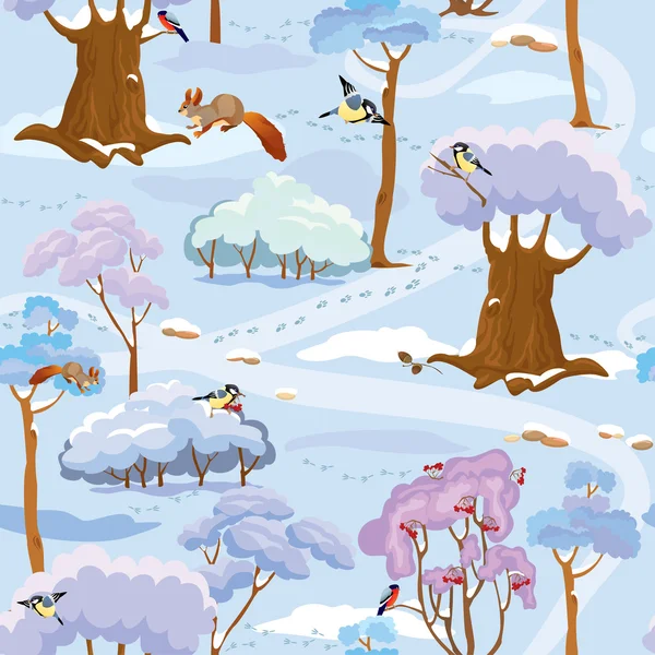 Padrão sem costura - Paisagem Florestal de Inverno com árvores, pássaros e — Vetor de Stock