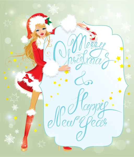 Blond Xmas Girl wearing Santa Claus suit staying behaind frame w — стоковый вектор