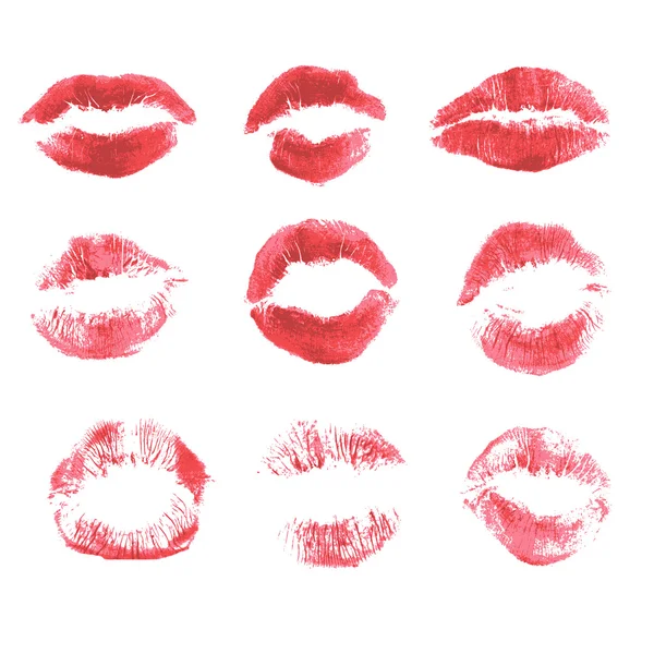 Ensemble de belles lèvres rouges imprimées sur fond blanc isolé — Image vectorielle